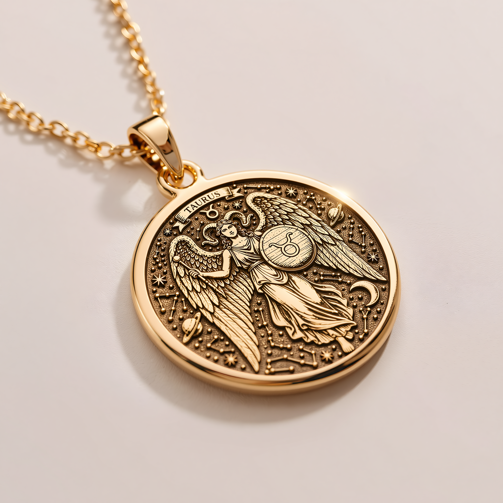 Taurus Zodiac Medallion Necklace - 14K Solid Gold, Left Angle View