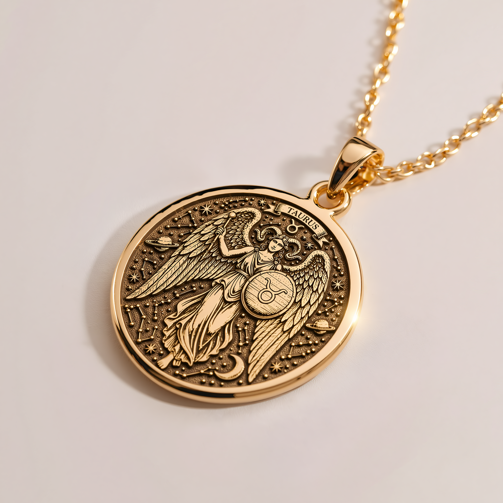 Taurus Zodiac Medallion Necklace - 14K Solid Gold, Right Angle View