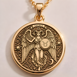 Taurus Zodiac Medallion Necklace: 14K Gold with horoscope art star sign astrology - View 153