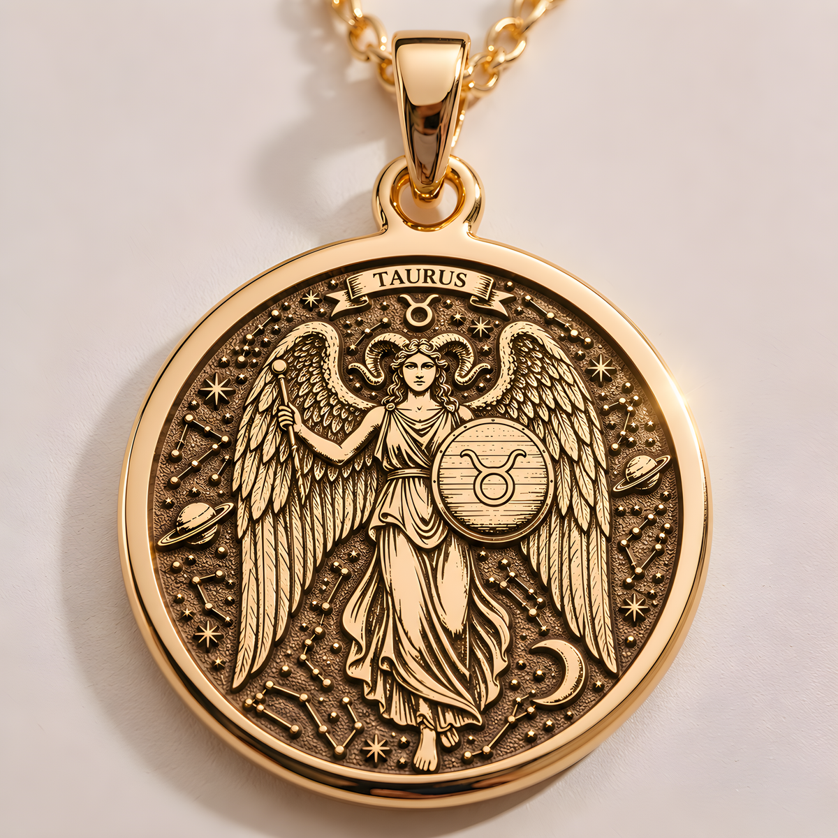 Taurus Zodiac Medallion Necklace: 14K Gold with horoscope art star sign astrology - View 153