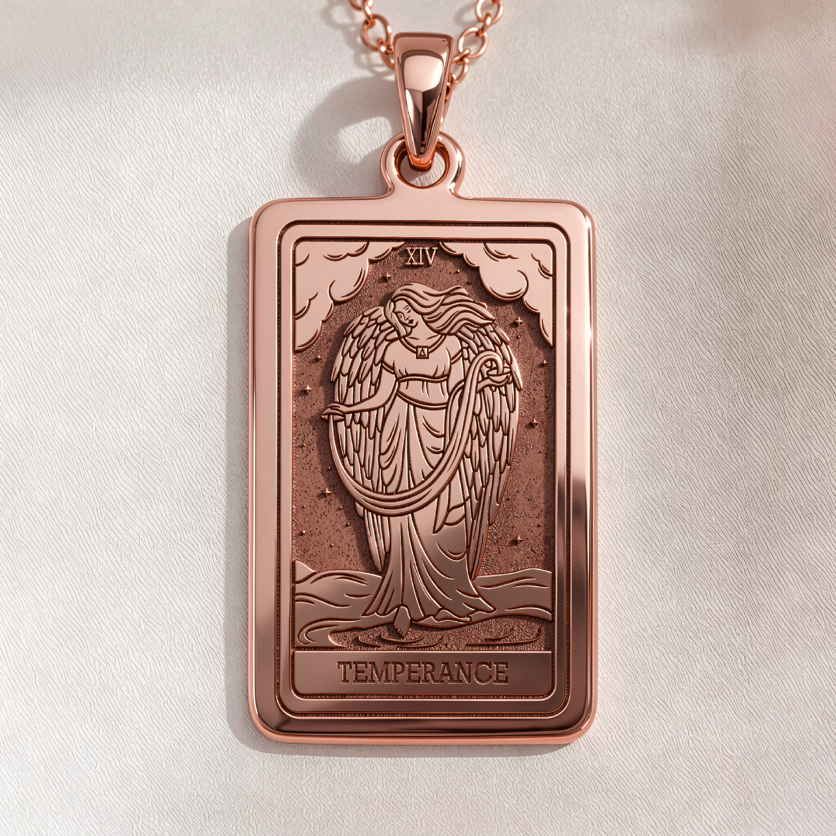 Temperance Tarot Balance Pendant in a polished rose gold finish.