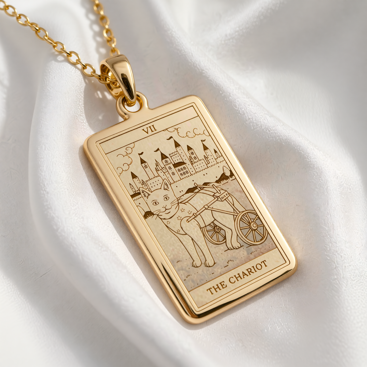 The Chariot Tarot Necklace | Silver, Gold Plated & Rose Plated Options - Willpower Jewelry - 14K Gold Plated Angle 1 Perspective View
