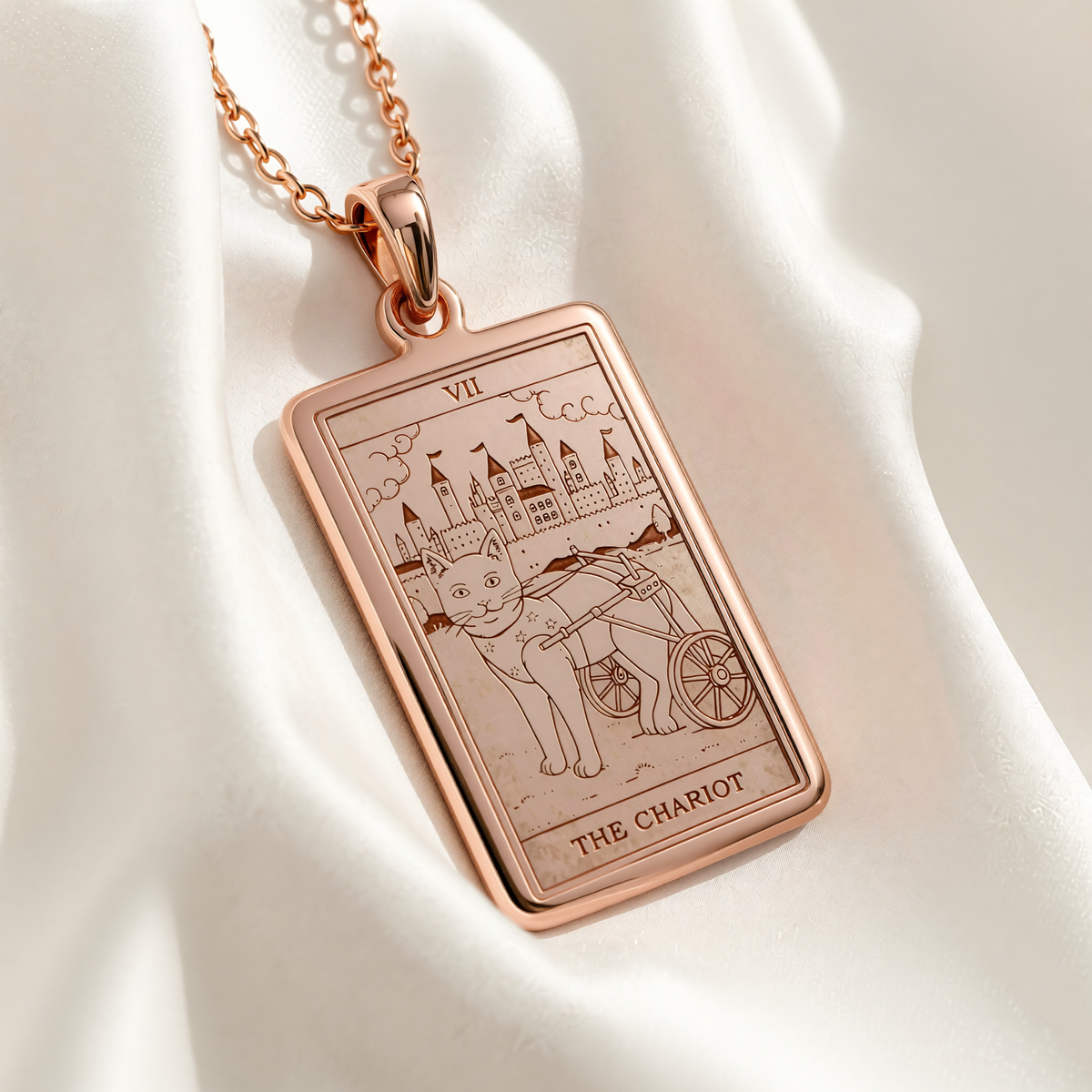 The Chariot Tarot Necklace | Silver, Gold Plated & Rose Plated Options - Willpower Jewelry - 14K Rose Gold Plated Angle 1 Perspective View