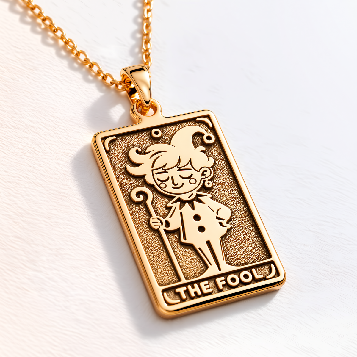The Fool Tarot Pendant – Jester Card - 14K Solid Gold, Left Angle View