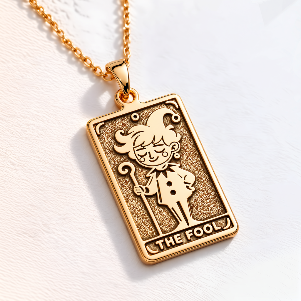 The Fool Tarot Pendant – Jester Card - 14K Solid Gold, Right Angle View