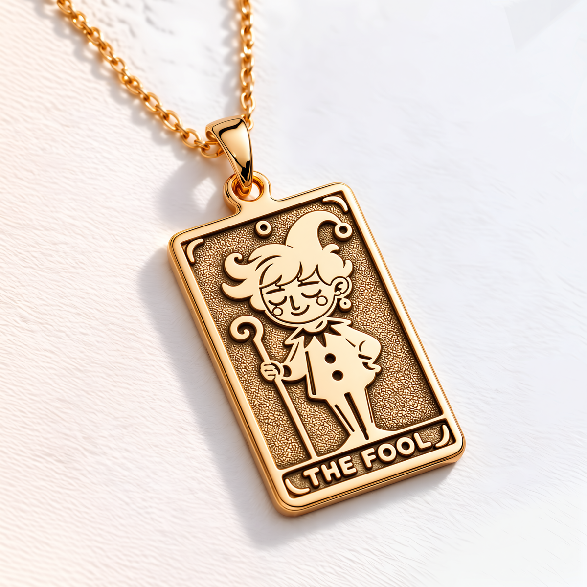 The Fool Tarot Pendant – Jester Card - 14K Solid Gold, Right Angle View