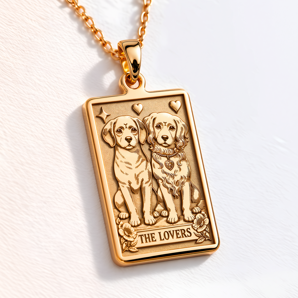 The Lovers Puppy Card Necklace - 14K Solid Gold, Left Angle View