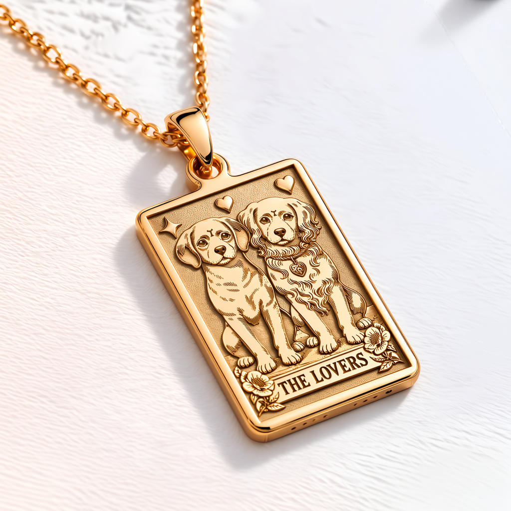 The Lovers Puppy Card Necklace - 14K Solid Gold, Right Angle View