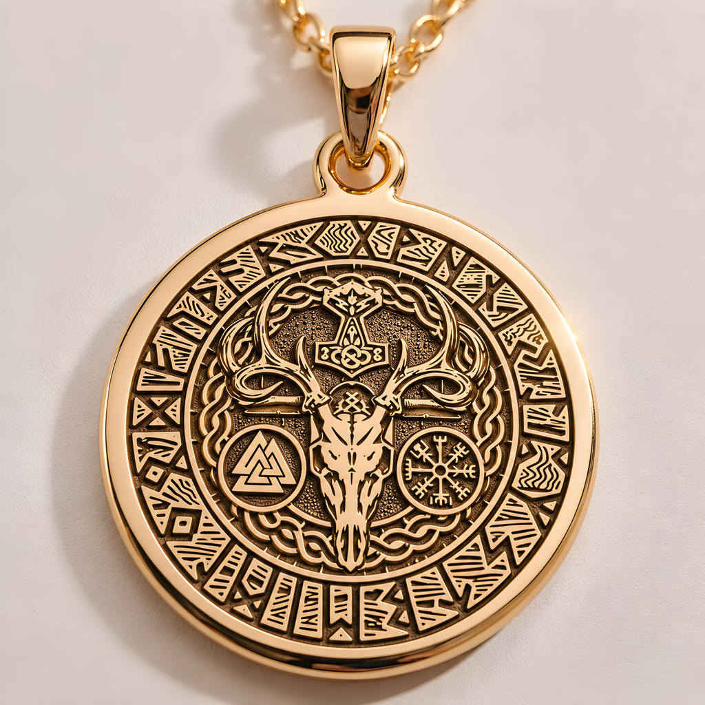 Solid Gold Norse Mythology Necklace, Viking Amulet, Thor Hammer Pendant, Mjolnir Necklace, Valkyrie Charm, Nordic Viking Jewelry, Gold Pagan Rune Necklace, Norse Warrior Gift, Handmade Gold Viking Pendant