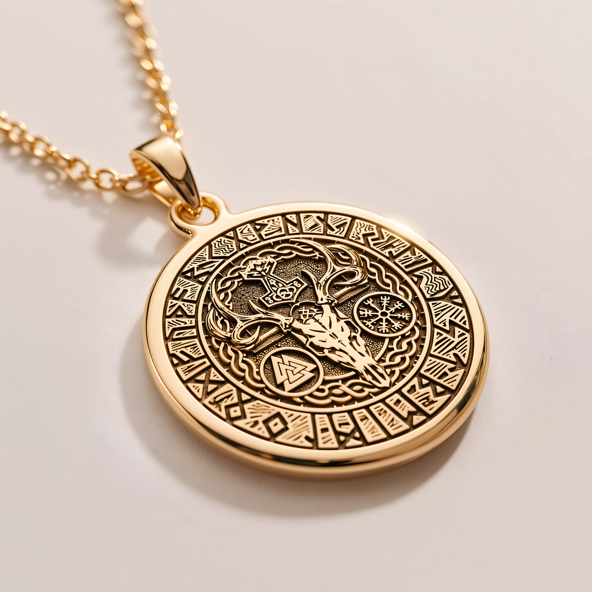 Thor's Hammer Valkyrie Norse Mythology Pendant - 14K Solid Gold, Left Angle View