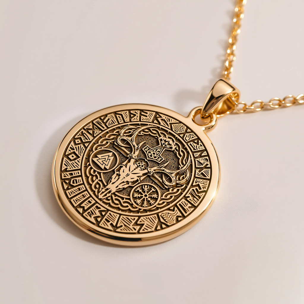 Thor's Hammer Valkyrie Norse Mythology Pendant - 14K Solid Gold, Right Angle View