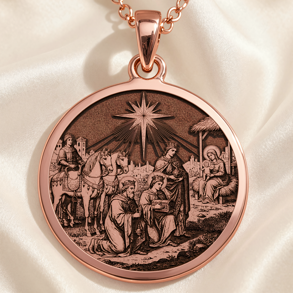 Three Wise Men Nativity Pendant in a polished rose gold finish.