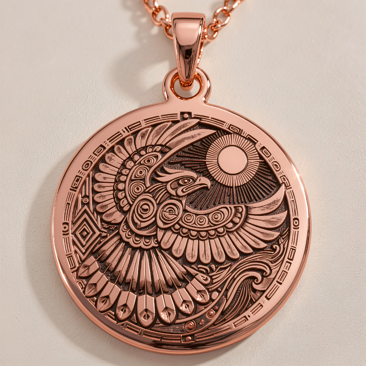 Thunderbird Tribal Protection Necklace in a polished rose gold finish.