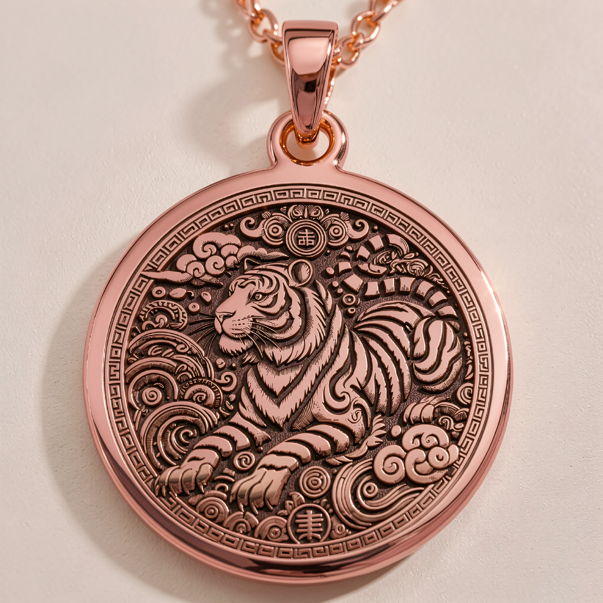 Tiger Zodiac Animal Coin Charm in a polished rose gold finish.