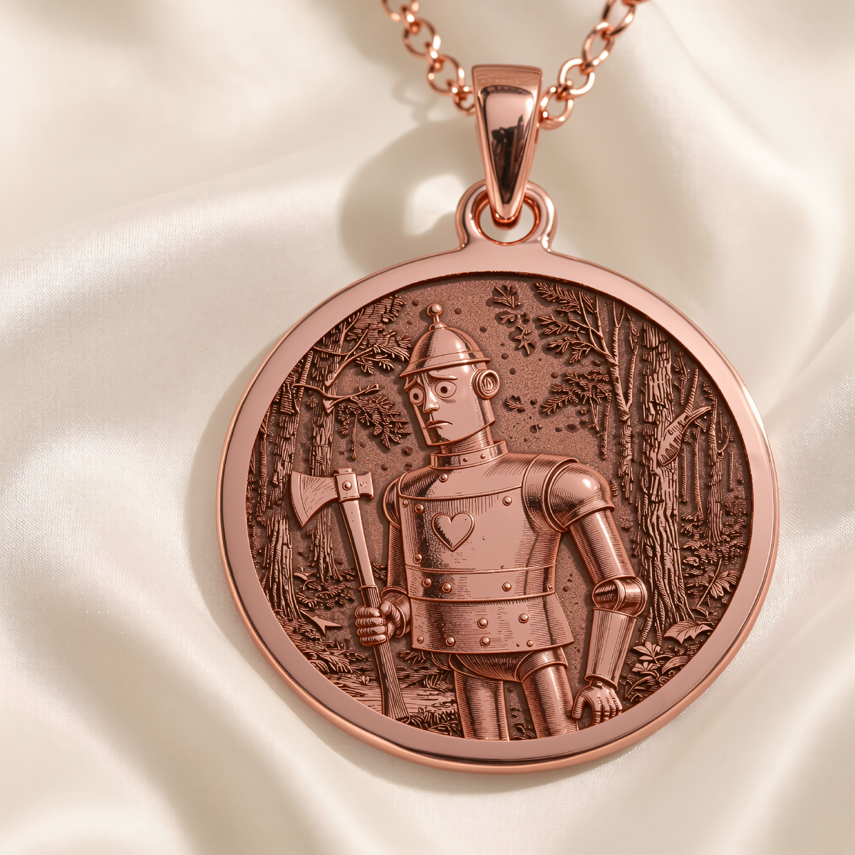Tin Man Woodsman Storybook Pendant in a polished rose gold finish.