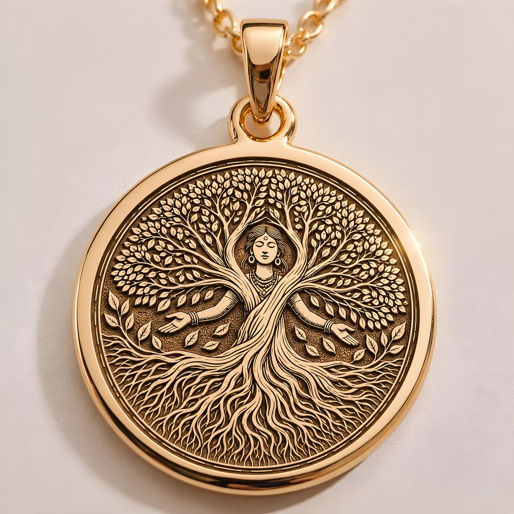 real Gold Tree of Life pendant, featuring a beautifully engraved Mother Nature medallion with deep roots and flourishing branches. A meaningful gold spiritual necklace, symbolizing growth, balance, and divine feminine energy.