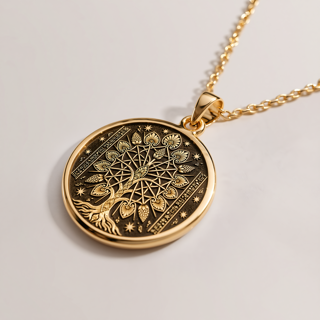 Tree of Life Assyrian Sacred Tree Pendant - 14K Solid Gold, Left Angle View