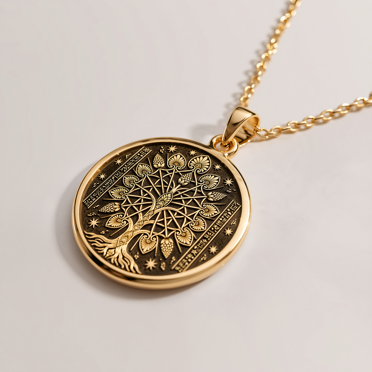 Tree of Life Assyrian Sacred Tree Pendant - 14K Solid Gold, Left Angle View