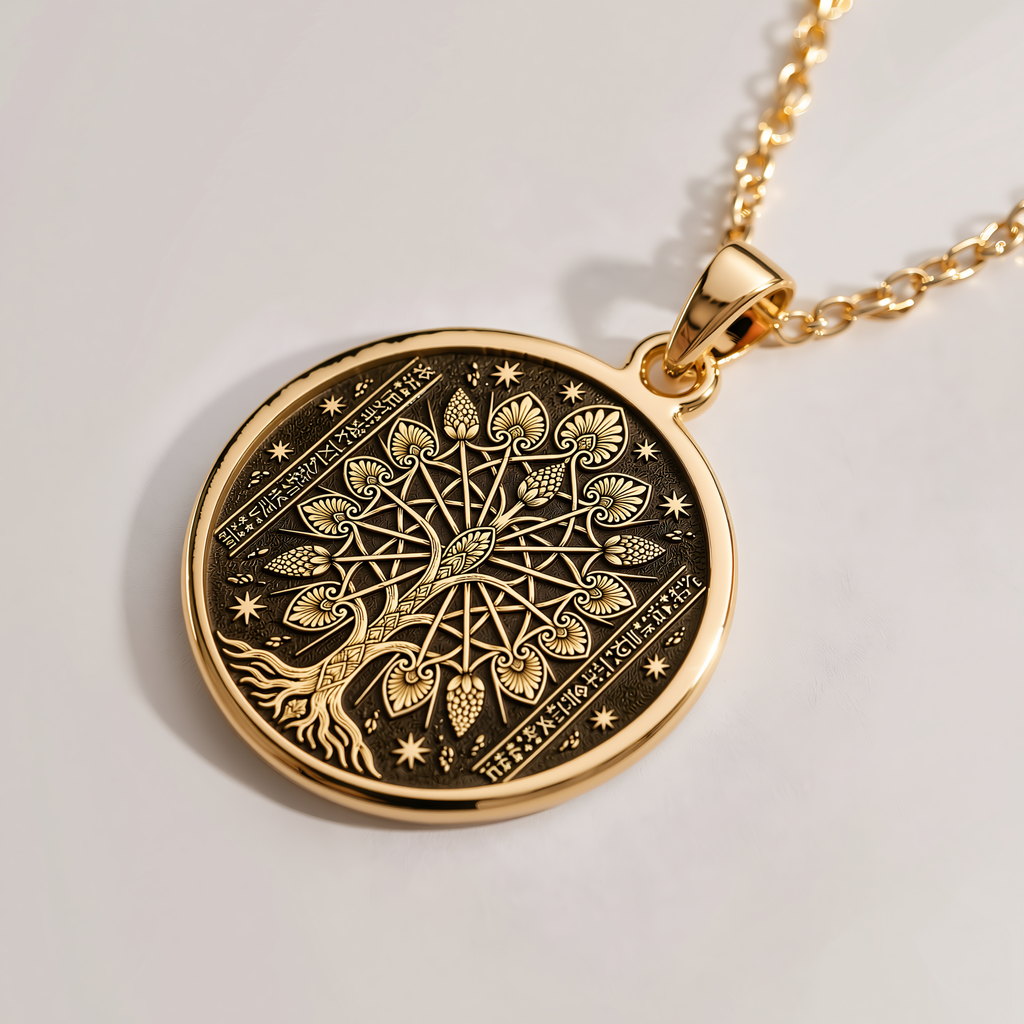 Tree of Life Assyrian Sacred Tree Pendant - 14K Solid Gold, Right Angle View