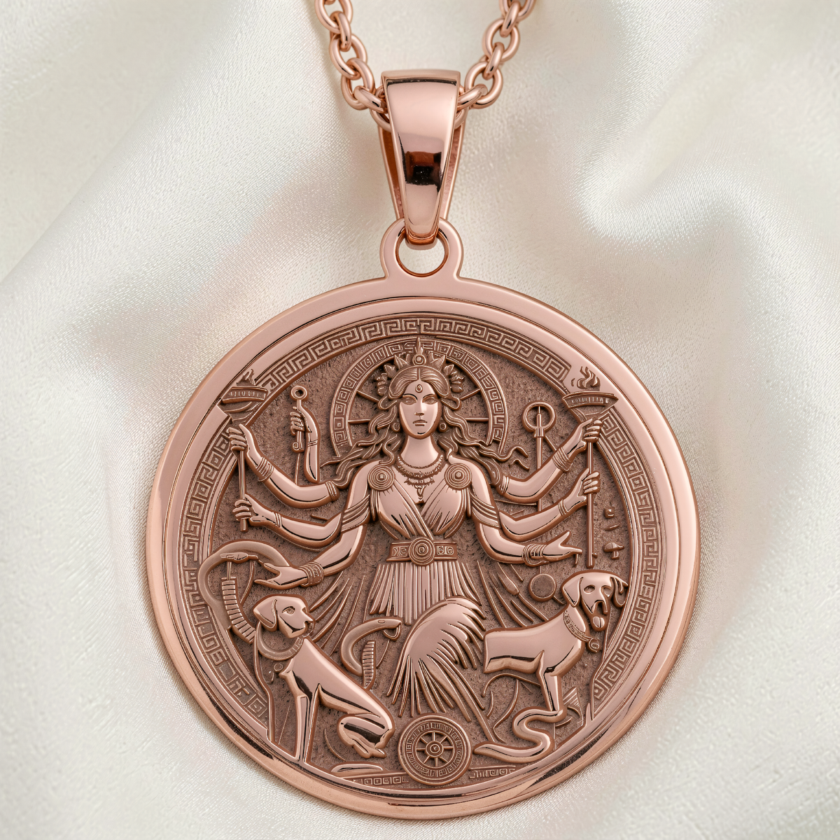Triple Moon Hecate Goddess Necklace | Silver & Plated Options - Ancient Mythology Protection Talisman - 14K Rose Gold Plated Front View