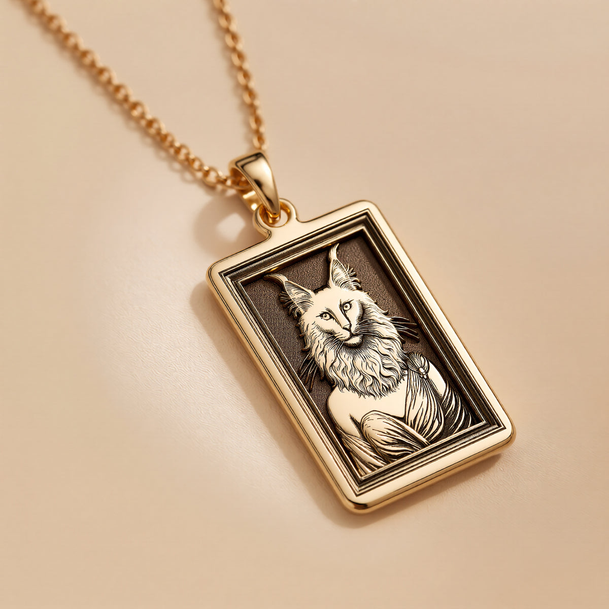 A handmade 14K gold plated rectangular necklace with a highly detailed engraving of a Turkish Angora cat woman. The anthropomorphic art shows the divine feline in elegant, regal attire.