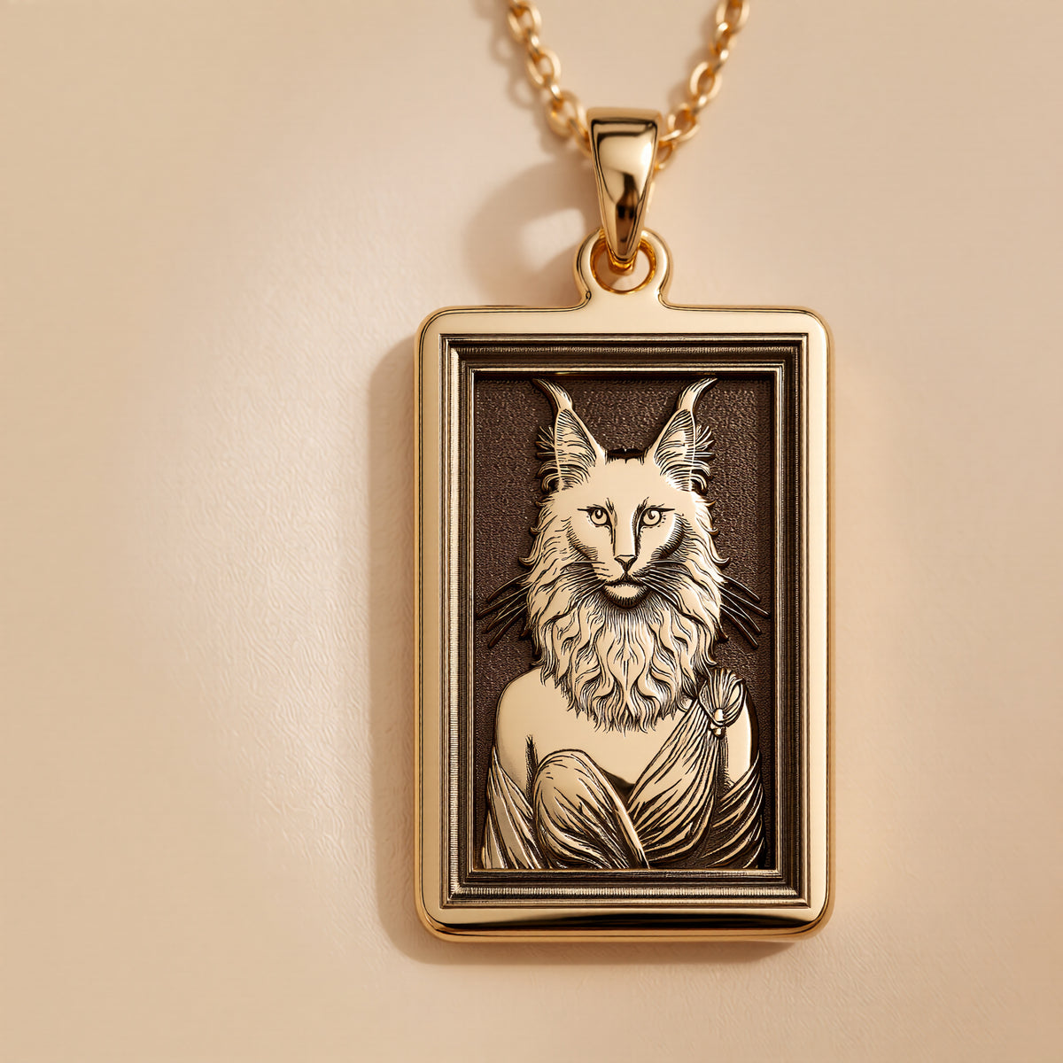 A personalized 14K gold plated cat portrait pendant in a tarot card style. This whimsical jewelry features a graceful Ankara cat, making it a perfect cat mom gift.