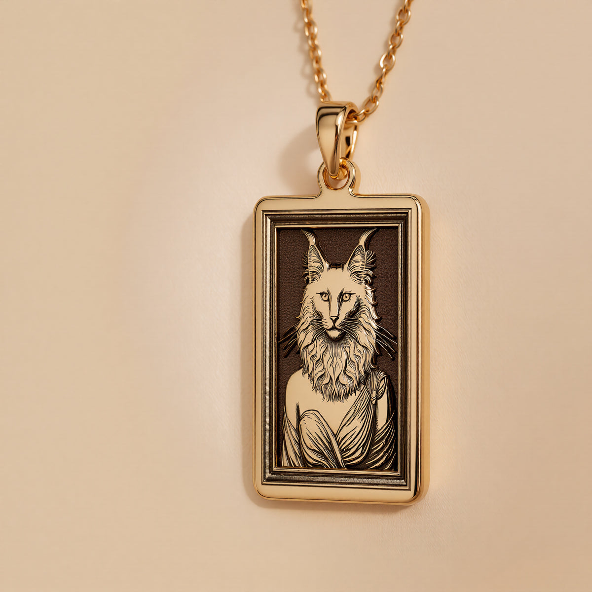 An heirloom-quality 14K solid gold rectangular pendant engraved with an elegant Turkish Angora. This fine jewelry piece is a sophisticated and unique custom pet portrait.