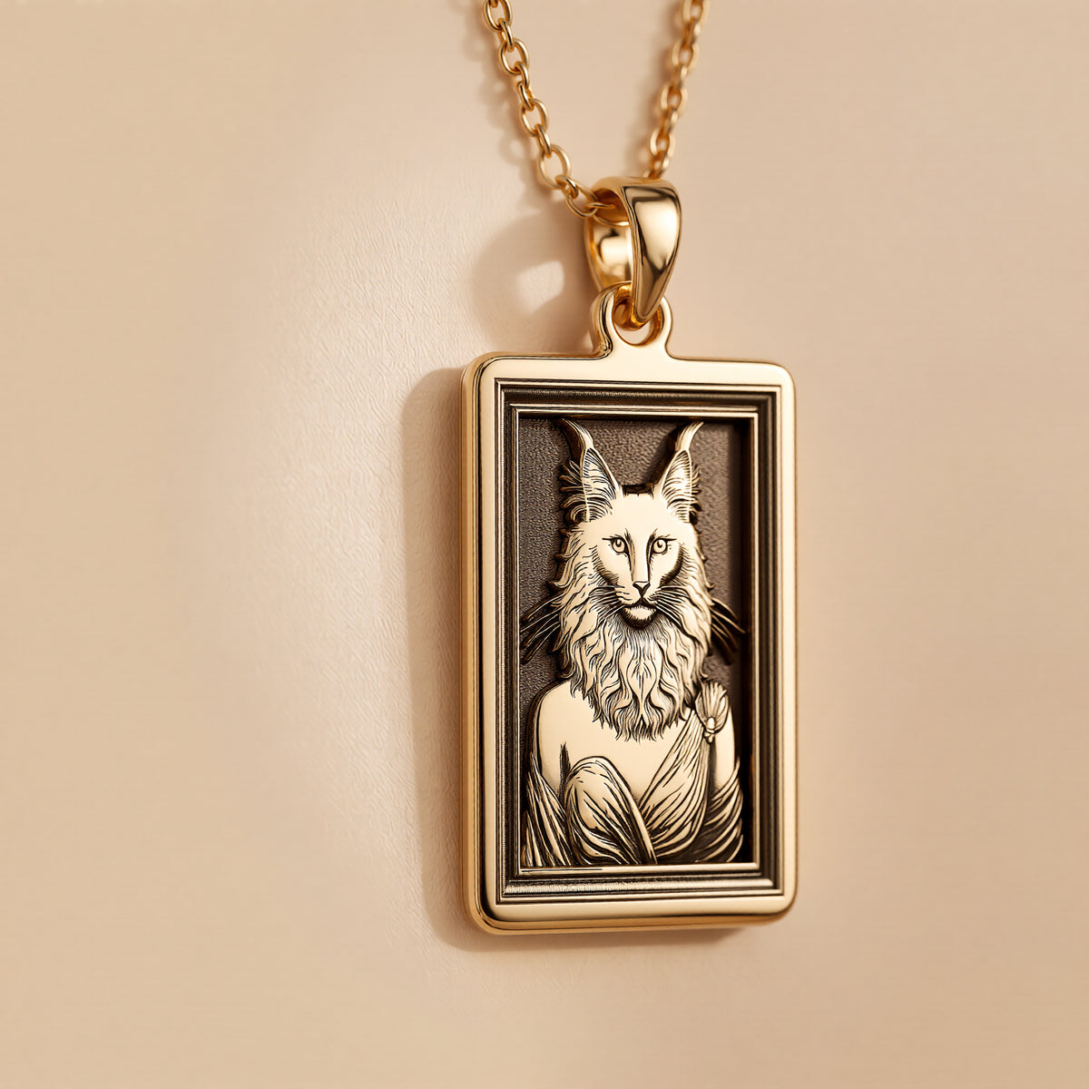 A handmade 14K gold plated rectangular necklace with a highly detailed engraving of a Turkish Angora cat woman. The anthropomorphic art shows the divine feline in elegant, regal attire.