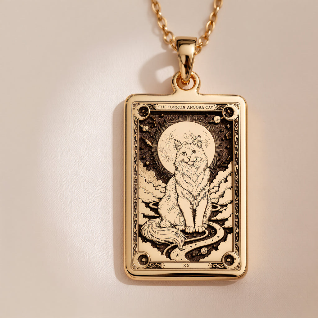 An heirloom-quality 14K solid gold Turkish Angora tarot pendant. The art shows the angelic cat on a cloud, symbolizing grace, a precious cat mom gift.