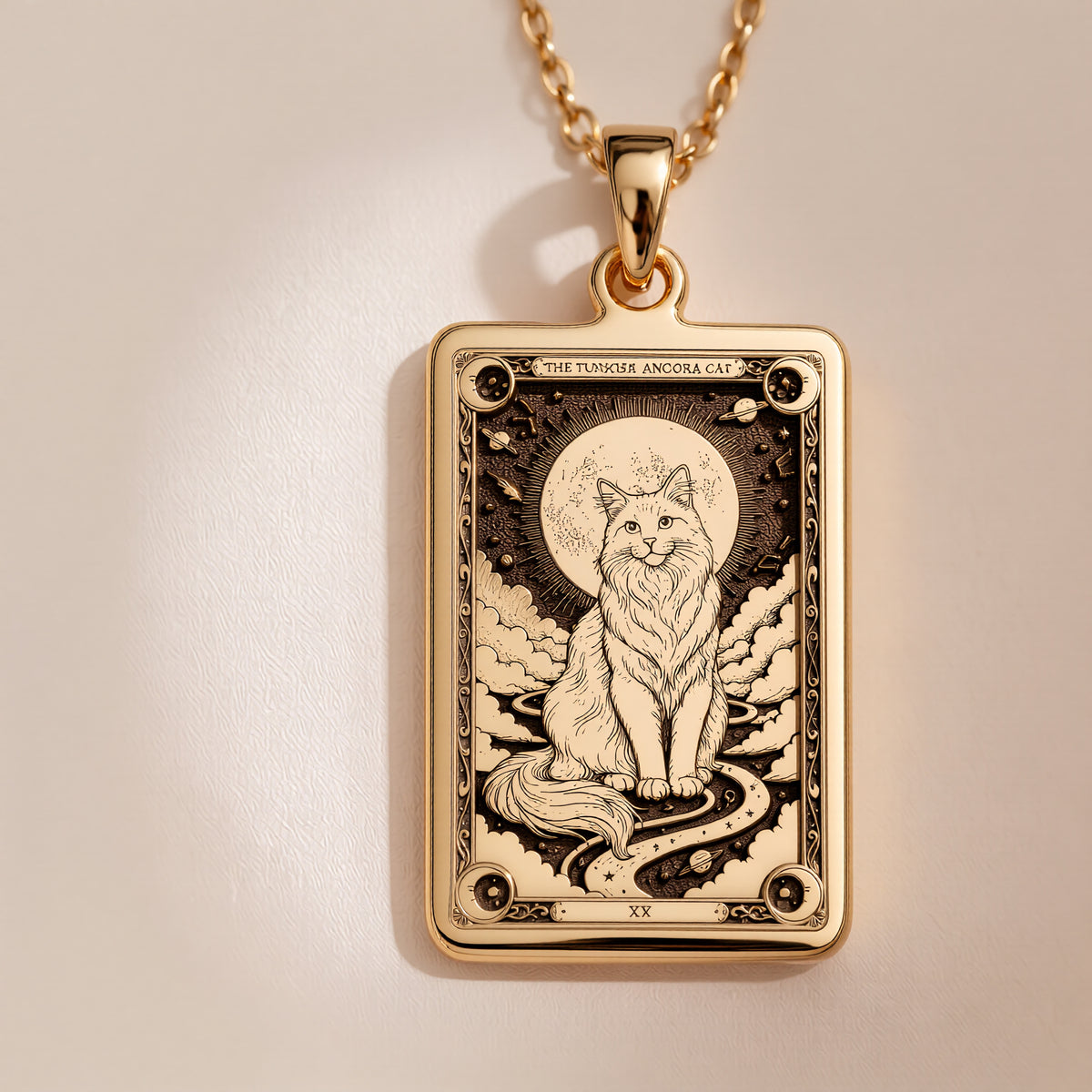 An heirloom-quality 14K solid gold Turkish Angora tarot pendant. The art shows the angelic cat on a cloud, symbolizing grace, a precious cat mom gift.