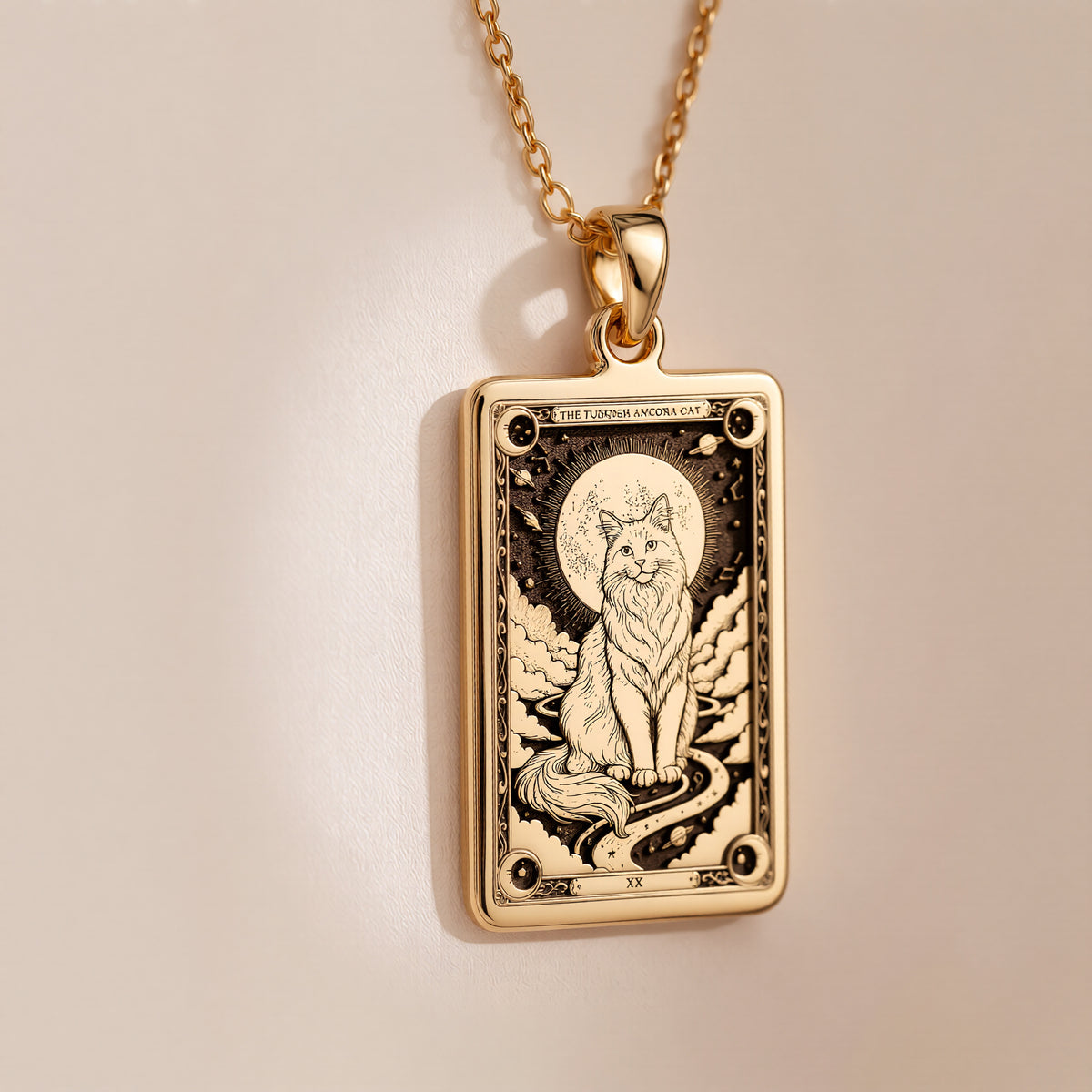 A polished 14K solid gold Turkish Angora medallion. This fine pet jewelry represents the breed's elegant nature, making it a perfect cat lover gift.