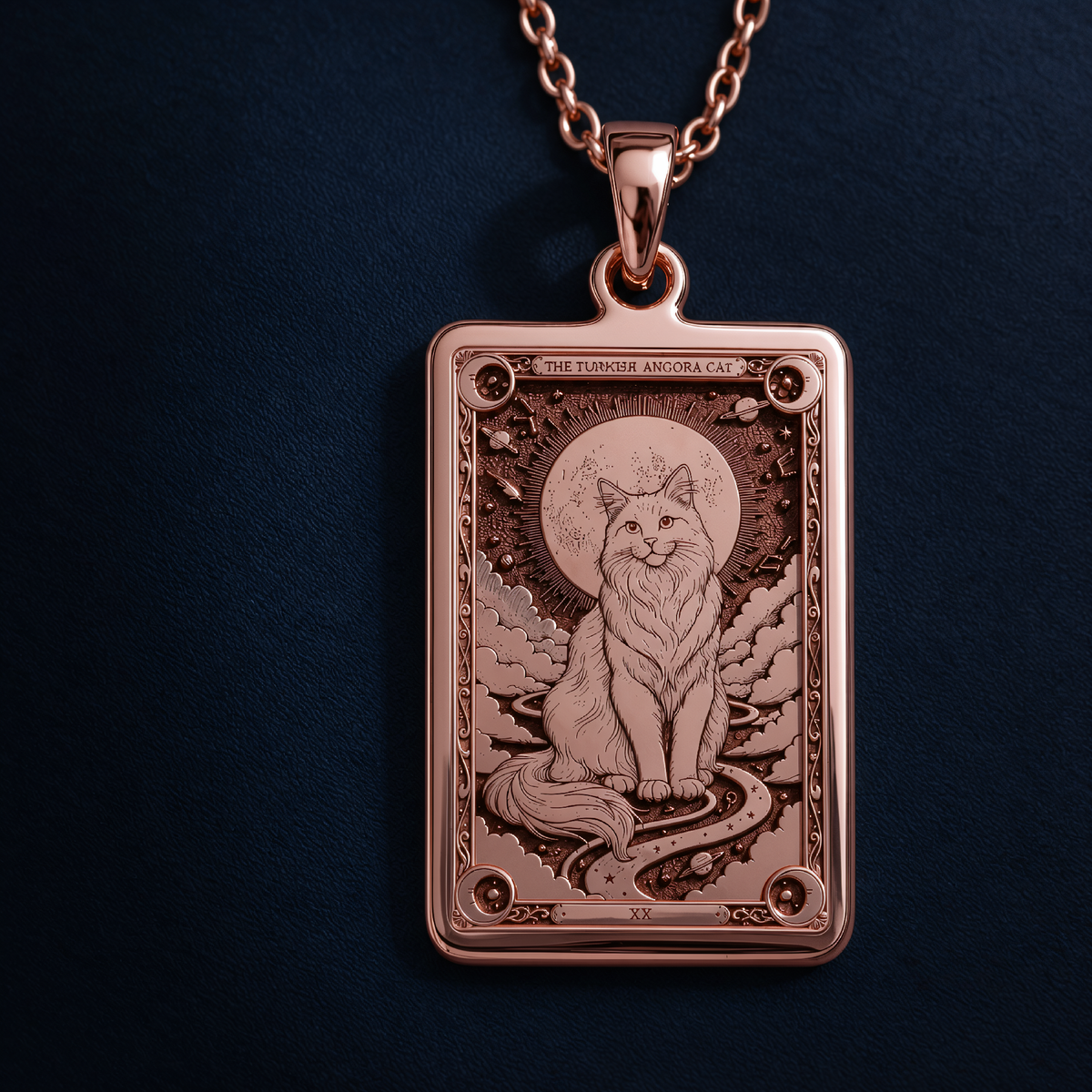Turkish Angora Cat Tarot Pendant in a polished rose gold finish.