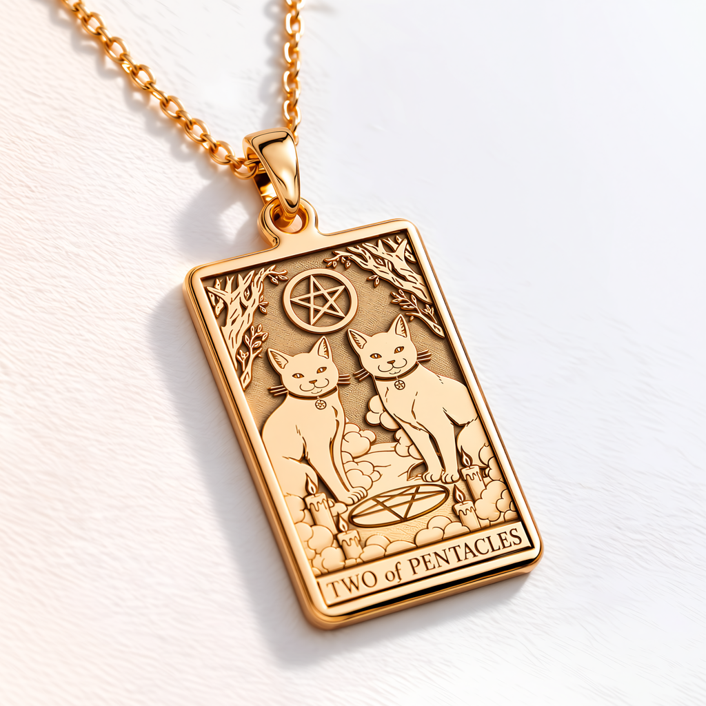 Two of Pentacles Tarot Pendant - 14K Solid Gold, Left Angle View