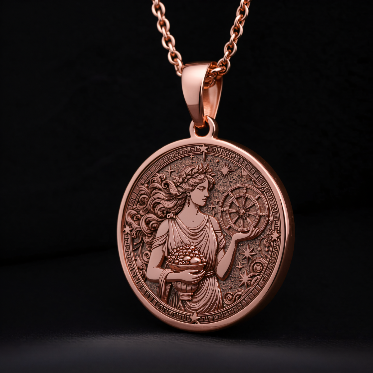 Tyche Goddess Fortune Coin Medallion in a polished rose gold finish.