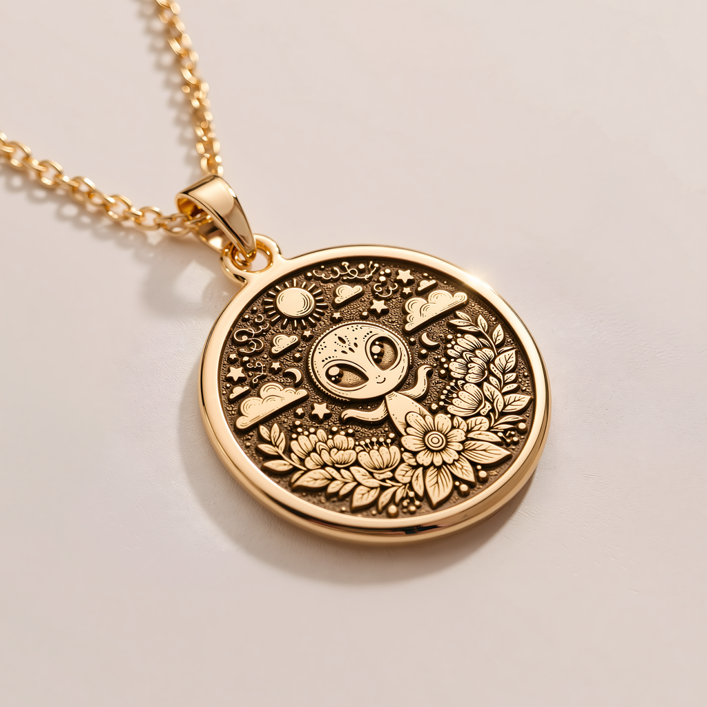 UFO Alien Space Necklace - 14K Solid Gold, Left Angle View
