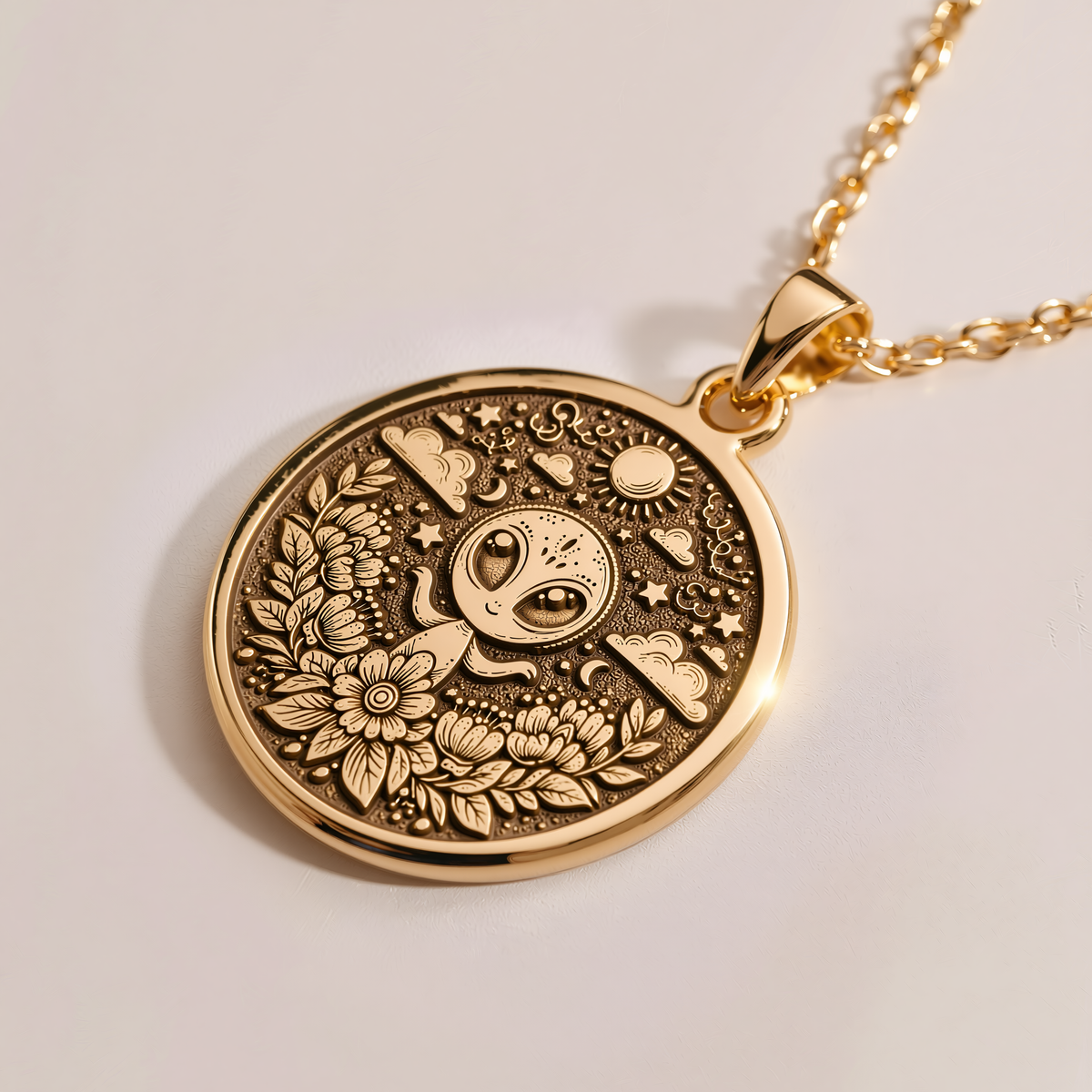 UFO Alien Space Necklace - 14K Solid Gold, Right Angle View