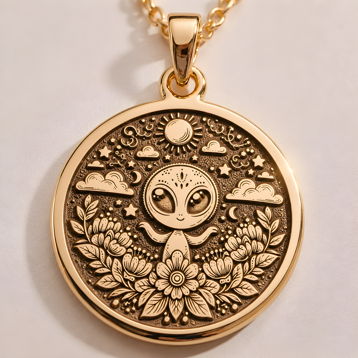 14K Solid Gold Alien Necklace with a detailed alien pendant. Space-themed jewelry for sci-fi lovers and astrology fans. Minimalist and polished, perfect for daily wear or as a unique gift for men or women.