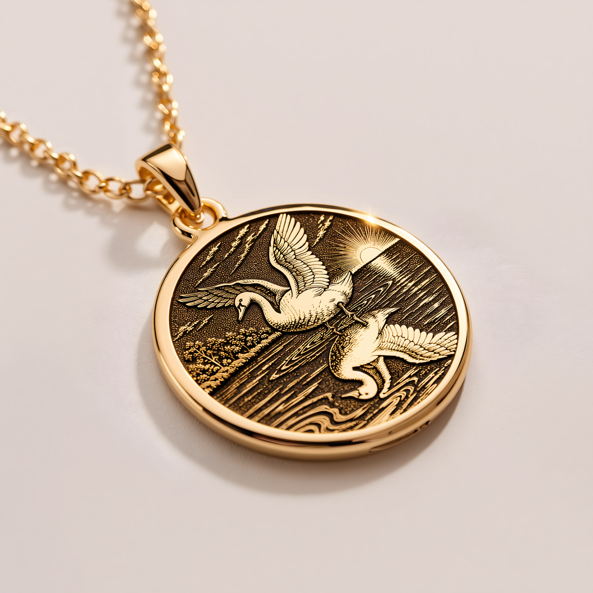 Ugly Duckling Pendant Necklace - 14K Solid Gold Swan Coin - 14K Solid Gold, Left Angle View