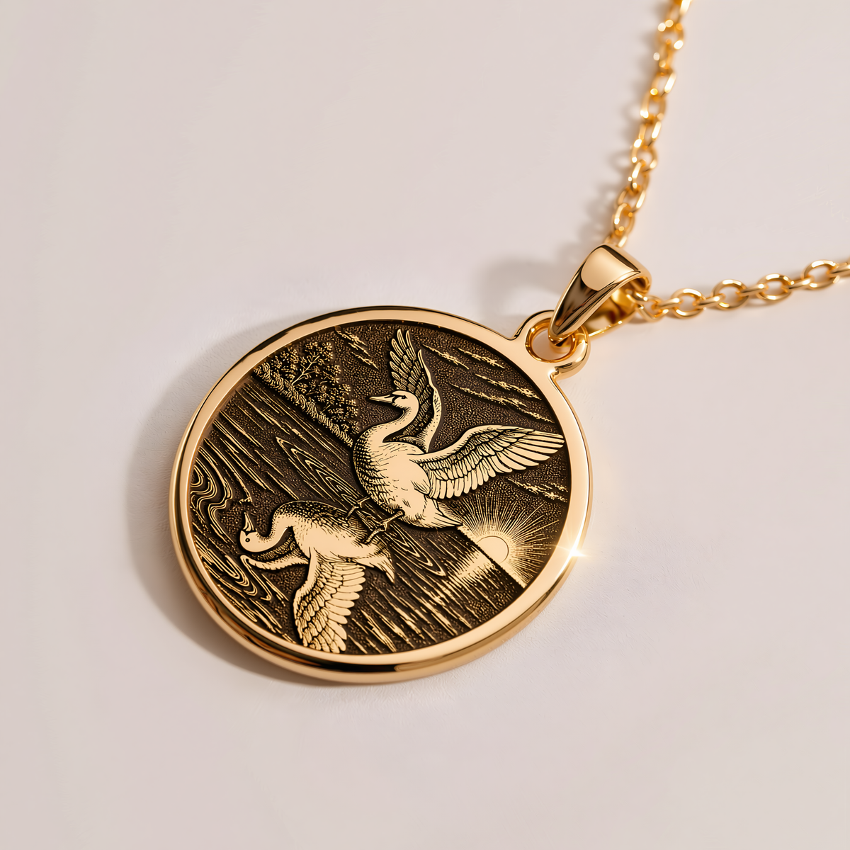 Ugly Duckling Pendant Necklace - 14K Solid Gold Swan Coin - 14K Solid Gold, Right Angle View