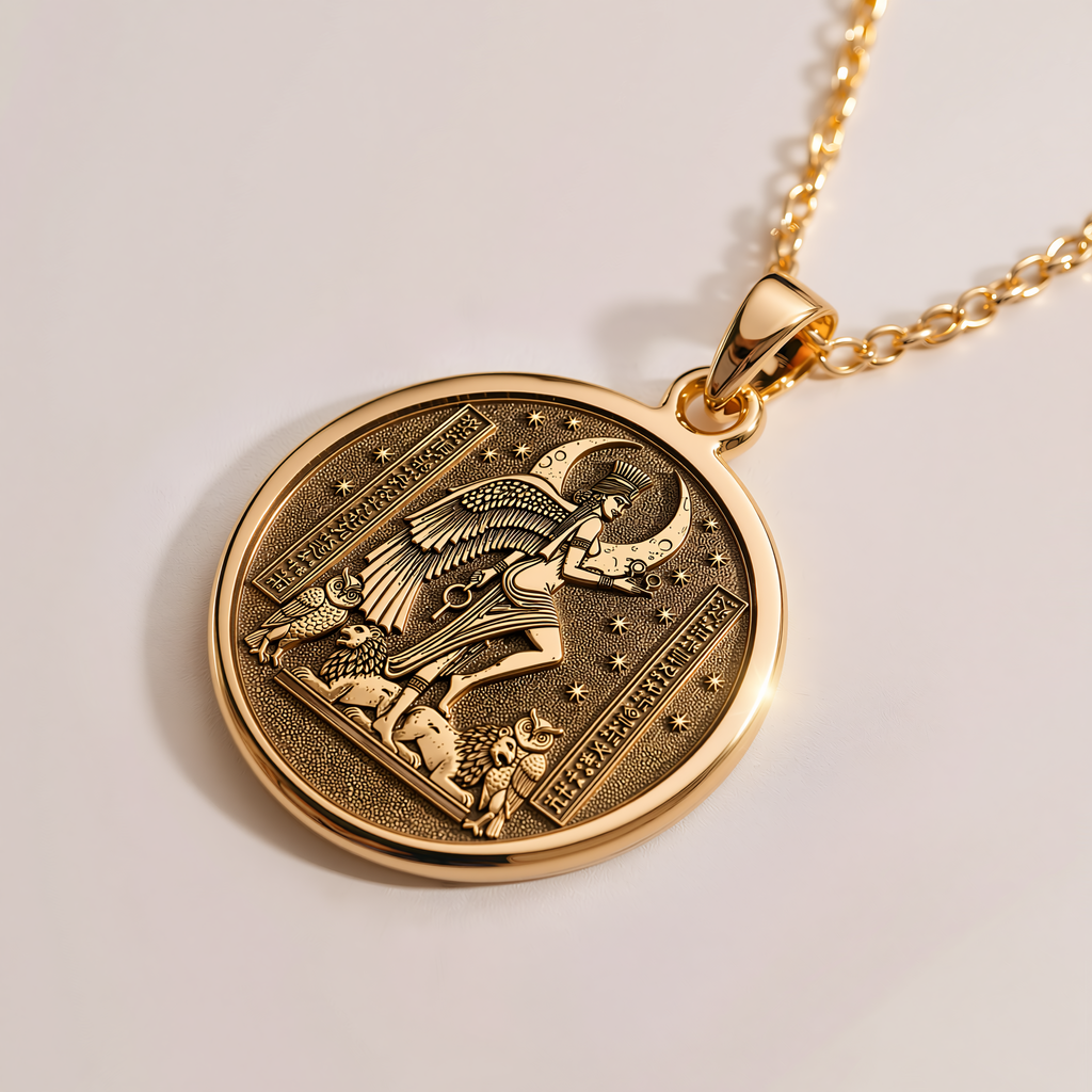 Underworld Queen Ereshkigal Pendant - 14K Solid Gold, Right Angle View