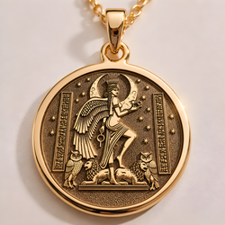 14K solid gold Underworld Queen Ereshkigal mythology pendant. Polished ancient protection talisman necklace.