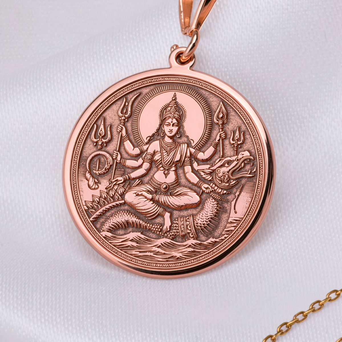 Varuna Water God Pendant in a polished rose gold finish.