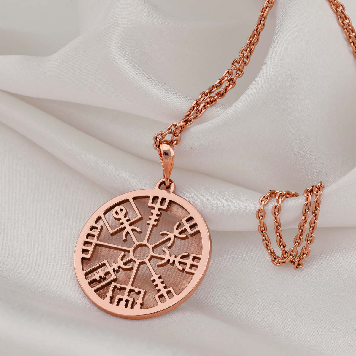 Vegvisir Viking Compass Necklace in a polished rose gold finish.