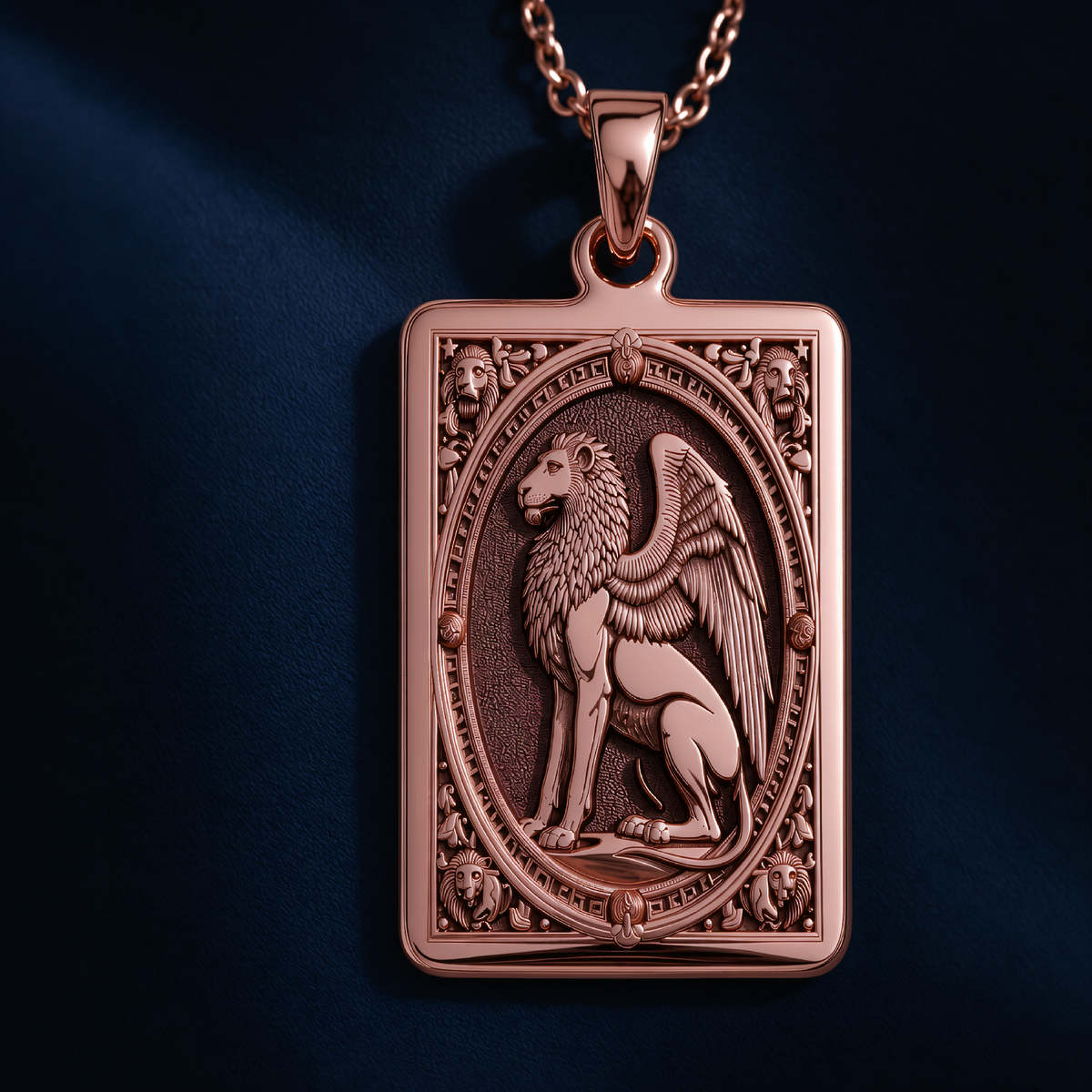 Venice Lion Tarot Pendant in a polished rose gold finish.
