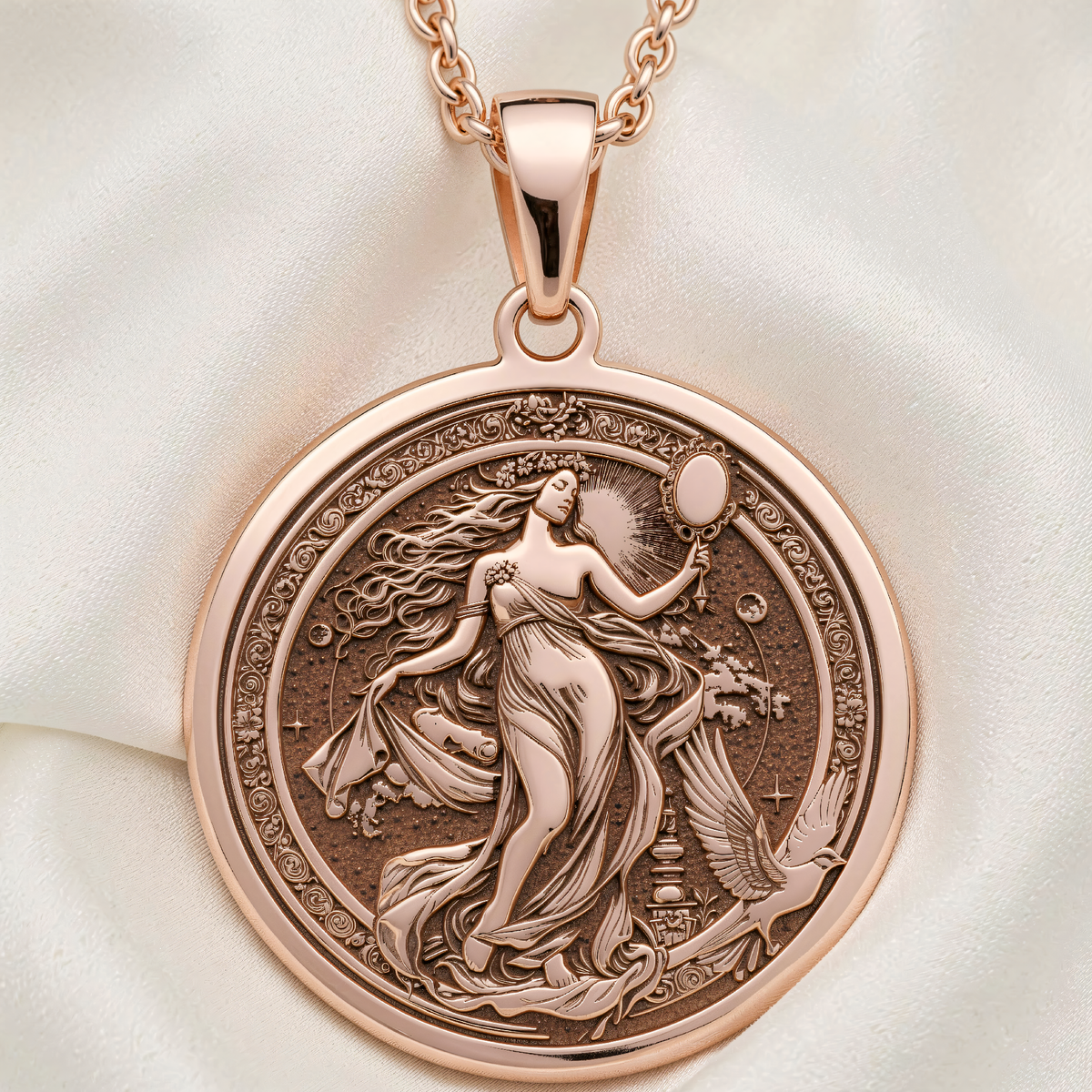Venus Aphrodite Greek Goddess Pendant | Silver & Plated Options - Ancient Mythology Protection Talisman - 14K Rose Gold Plated Front View