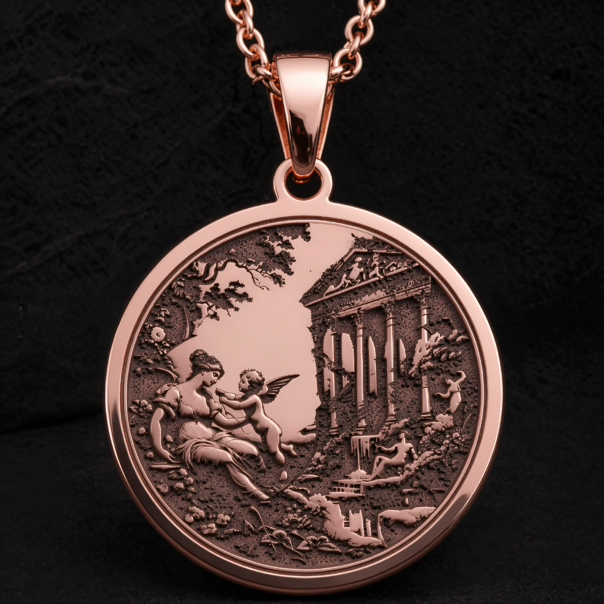 Venus and Cupid Mythological Love Pendant in a polished rose gold finish.