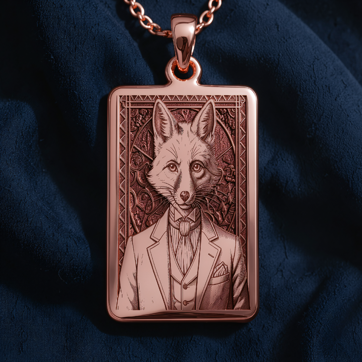 Victorian Fox Portrait Necklace in a polished rose gold finish.