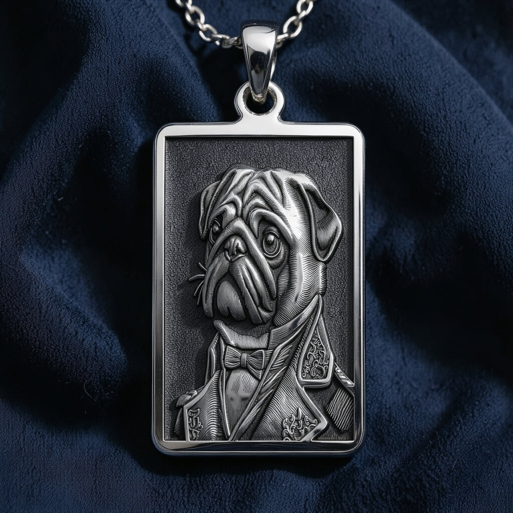 Sharp, detailed laser engraving of a grumpy-yet-dapper Pug on a minimalist 925 sterling silver tag necklace, a perfect gothic accessory for men.