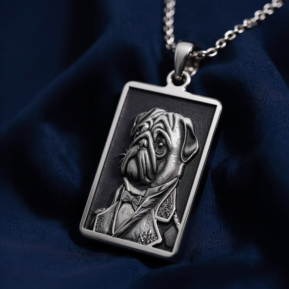 Victorian Pug Portrait Necklace - 925 Sterling Silver