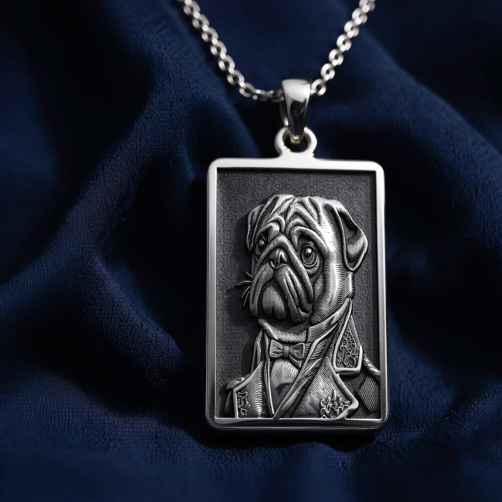 Victorian Pug Portrait Necklace - 925 Sterling Silver
